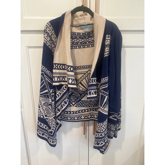 Flying Tomato Sweaters - Flying Tomato Navy Blue Geometric Print Waterfall Cardigan Womens Plus Size 1X